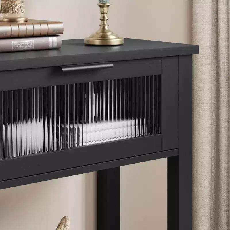 Acekool Table console rustique de ferme, Table de canapé en bois de 109 cm avec 2 tiroirs à façade en verre, Étagère de rangement ouverte à 2 niveaux, Accent moderne pour couloir