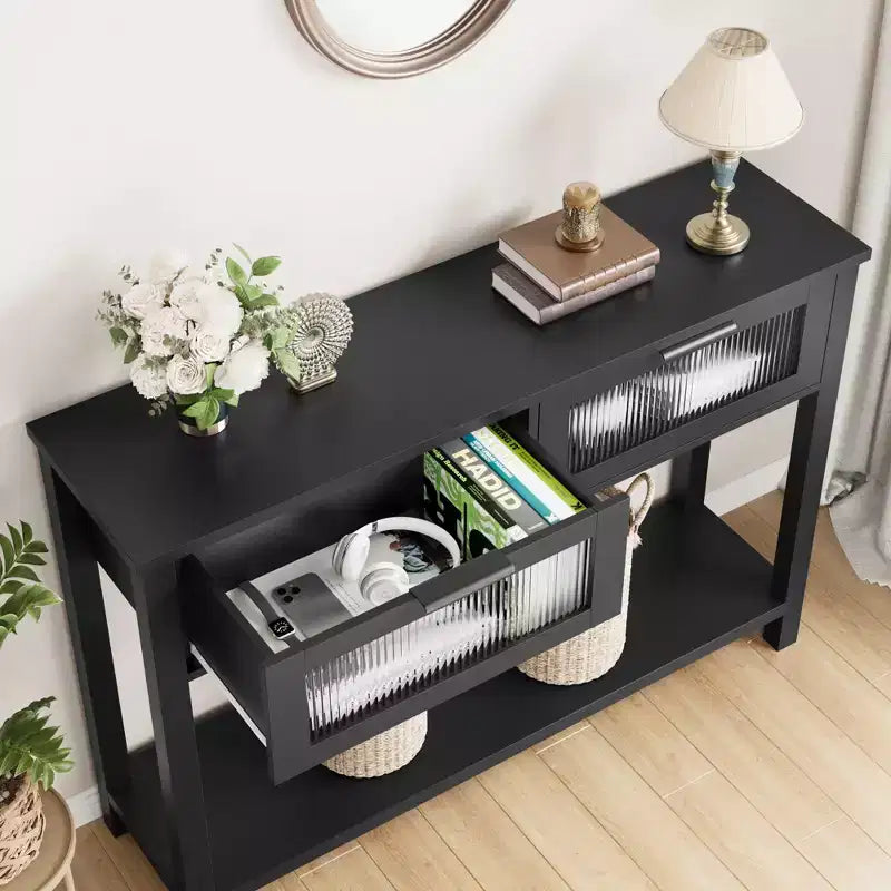 Acekool Table console rustique de ferme, Table de canapé en bois de 109 cm avec 2 tiroirs à façade en verre, Étagère de rangement ouverte à 2 niveaux, Accent moderne pour couloir