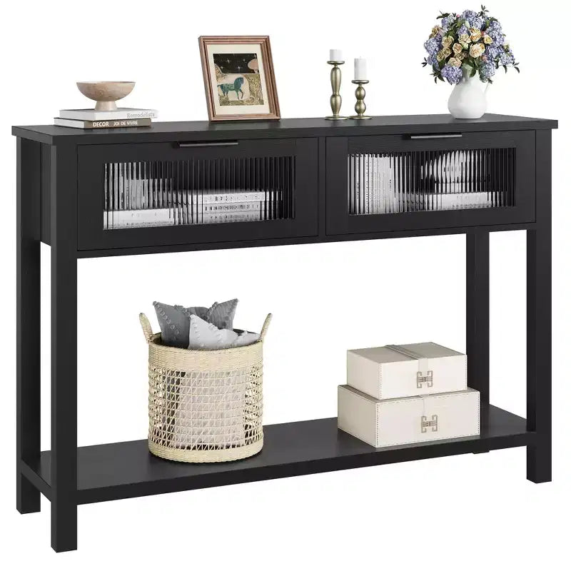 Acekool Rustic Farmhouse Console Table, 43 Wooden Sofa Table with 2 Glass-Front Drawers, 2-Tier Open Storage Shelf, Modern Accent for Hallway