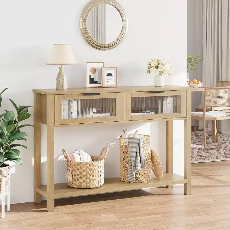 Acekool Table console rustique de ferme, Table de canapé en bois de 109 cm avec 2 tiroirs à façade en verre, Étagère de rangement ouverte à 2 niveaux, Accent moderne pour couloir