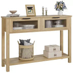 Acekool Table console rustique de ferme, Table de canapé en bois de 109 cm avec 2 tiroirs à façade en verre, Étagère de rangement ouverte à 2 niveaux, Accent moderne pour couloir