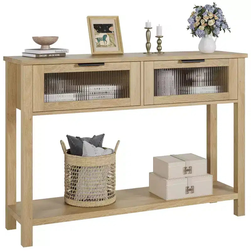 Acekool Table console rustique de ferme, Table de canapé en bois de 109 cm avec 2 tiroirs à façade en verre, Étagère de rangement ouverte à 2 niveaux, Accent moderne pour couloir