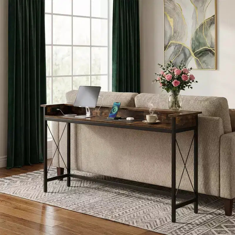 MAYEERTY 70.9-Inch Industrial Console Table, Entryway Sofa Table with Outlets and USB Ports