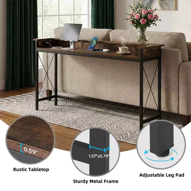 MAYEERTY Table console industrielle de 70,9 pouces, table de canapé d'entrée avec prises et ports USB
