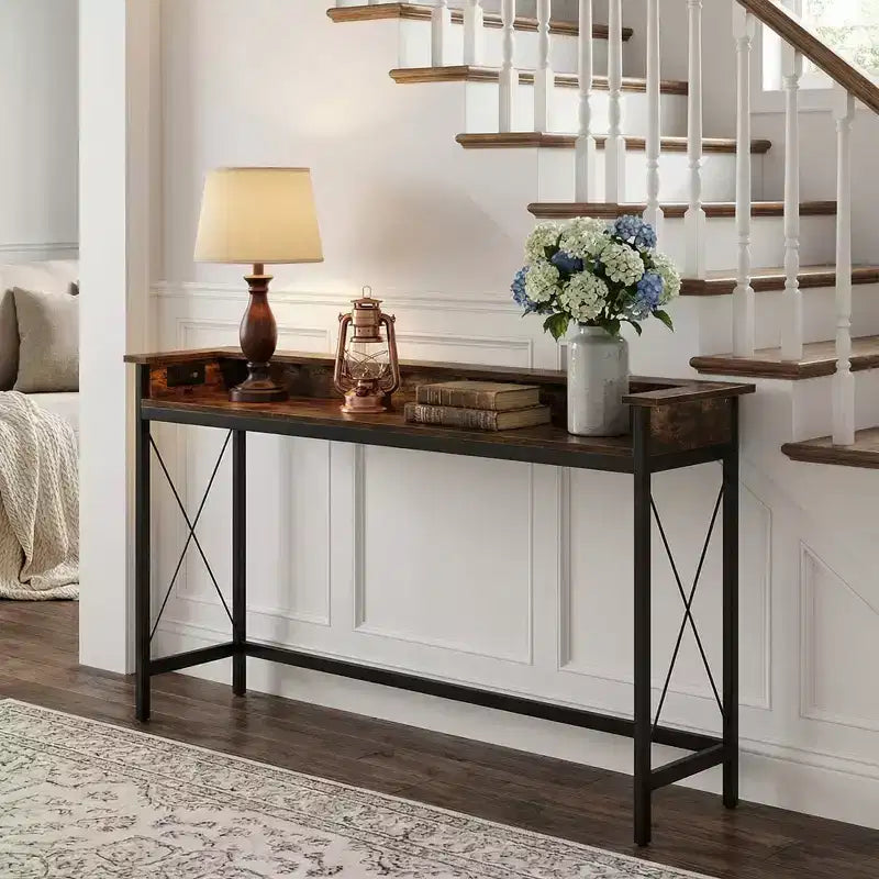 MAYEERTY Table console industrielle de 70,9 pouces, table de canapé d'entrée avec prises et ports USB
