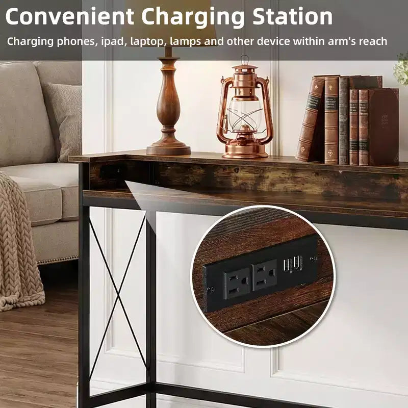 MAYEERTY Table console industrielle de 70,9 pouces, table de canapé d'entrée avec prises et ports USB