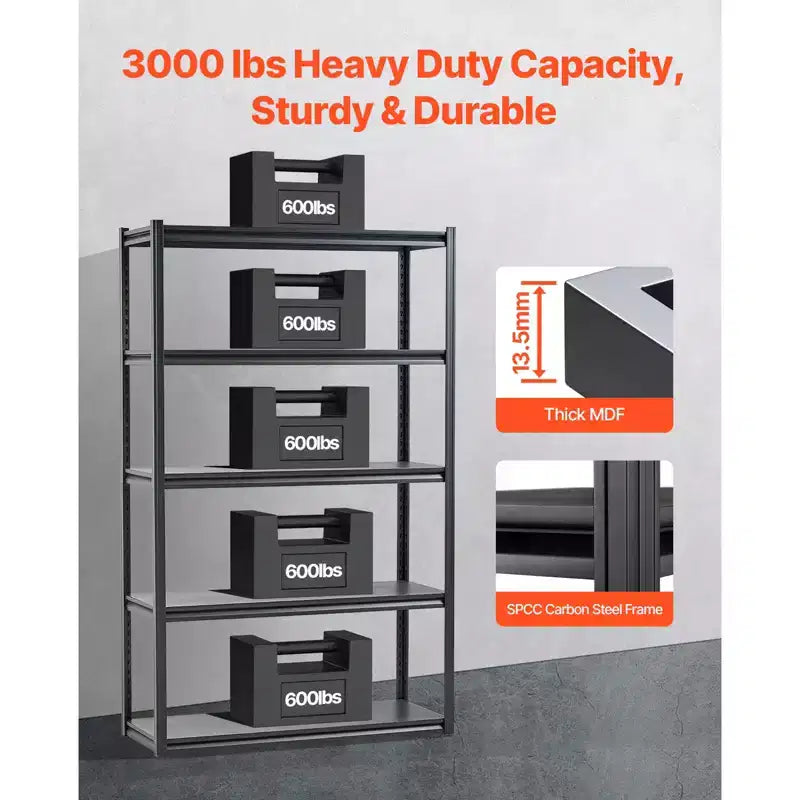 Étagères de rangement VEVOR, 1360 kg, Étagères de rangement de garage à 5 niveaux, Étagères métalliques réglables 45,7 P x 121,9 L x 198,1 H pour étagères de garage, étagère utilitaire, Noir