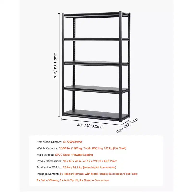 Étagères de rangement VEVOR, 1360 kg, Étagères de rangement de garage à 5 niveaux, Étagères métalliques réglables 45,7 P x 121,9 L x 198,1 H pour étagères de garage, étagère utilitaire, Noir