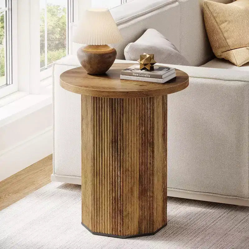 Table d'appoint ronde Lantine, table d'appoint sur pied de style ferme, table de chevet en bois cannelé pour salon, chambre (1)
