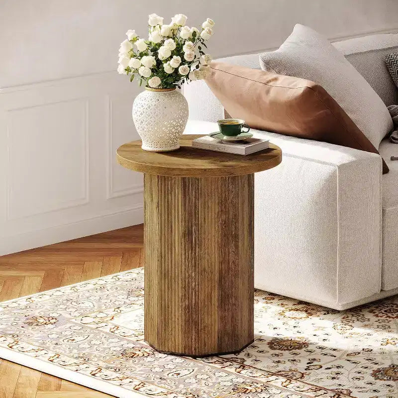 Table d'appoint ronde Lantine, table d'appoint sur pied de style ferme, table de chevet en bois cannelé pour salon, chambre (1)