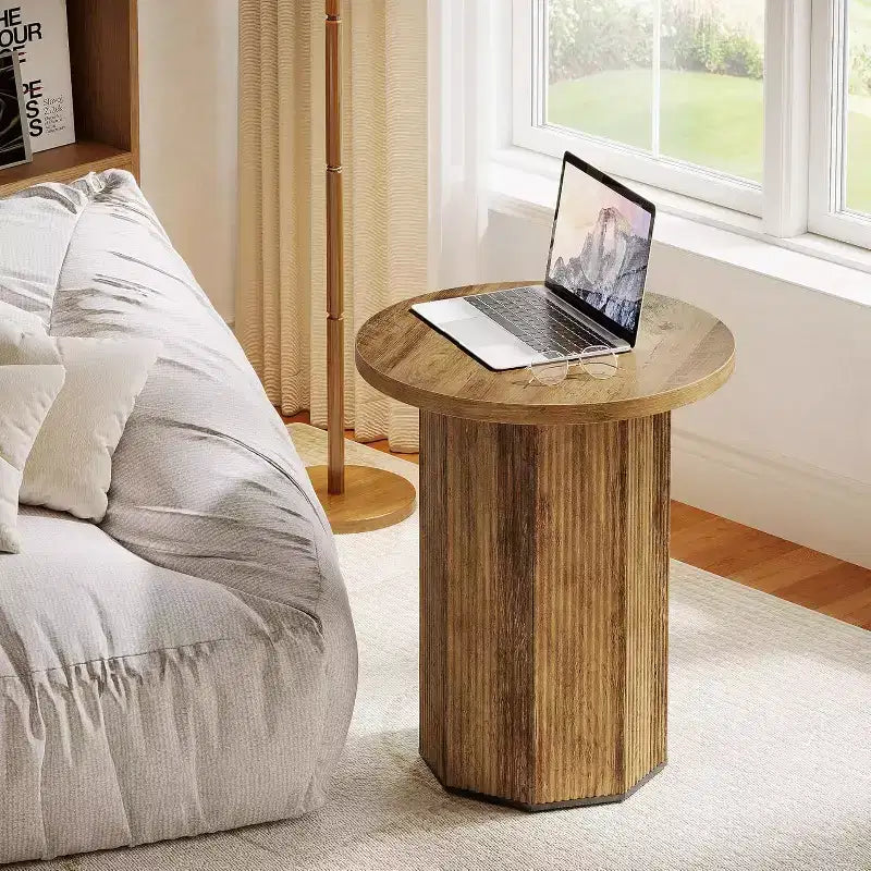 Table d'appoint ronde Lantine, table d'appoint sur pied de style ferme, table de chevet en bois cannelé pour salon, chambre (1)