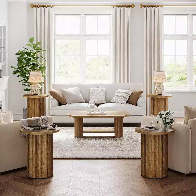 Table d'appoint ronde Lantine, table d'appoint sur pied de style ferme, table de chevet en bois cannelé pour salon, chambre (1)