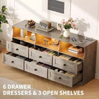 Commode à 6 tiroirs avec lumières, commode en bois de 160 cm avec étagères ouvertes, meuble de rangement TV pour salon, chambre, entrée