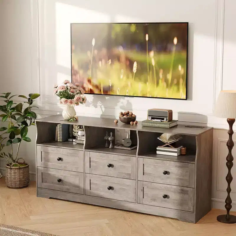 Commode à 6 tiroirs avec lumières, commode en bois de 160 cm avec étagères ouvertes, meuble de rangement TV pour salon, chambre, entrée