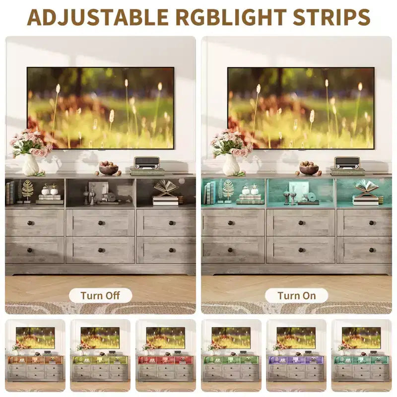 Commode à 6 tiroirs avec lumières, commode en bois de 160 cm avec étagères ouvertes, meuble de rangement TV pour salon, chambre, entrée
