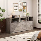 Commode à 6 tiroirs avec lumières, commode en bois de 160 cm avec étagères ouvertes, meuble de rangement TV pour salon, chambre, entrée