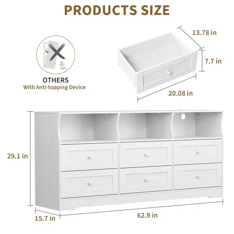 Commode à 6 tiroirs avec lumières, commode en bois de 160 cm avec étagères ouvertes, meuble de rangement TV pour salon, chambre, entrée