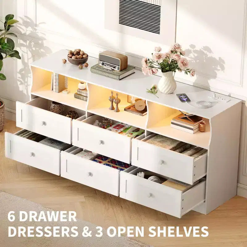 Commode à 6 tiroirs avec lumières, commode en bois de 160 cm avec étagères ouvertes, meuble de rangement TV pour salon, chambre, entrée