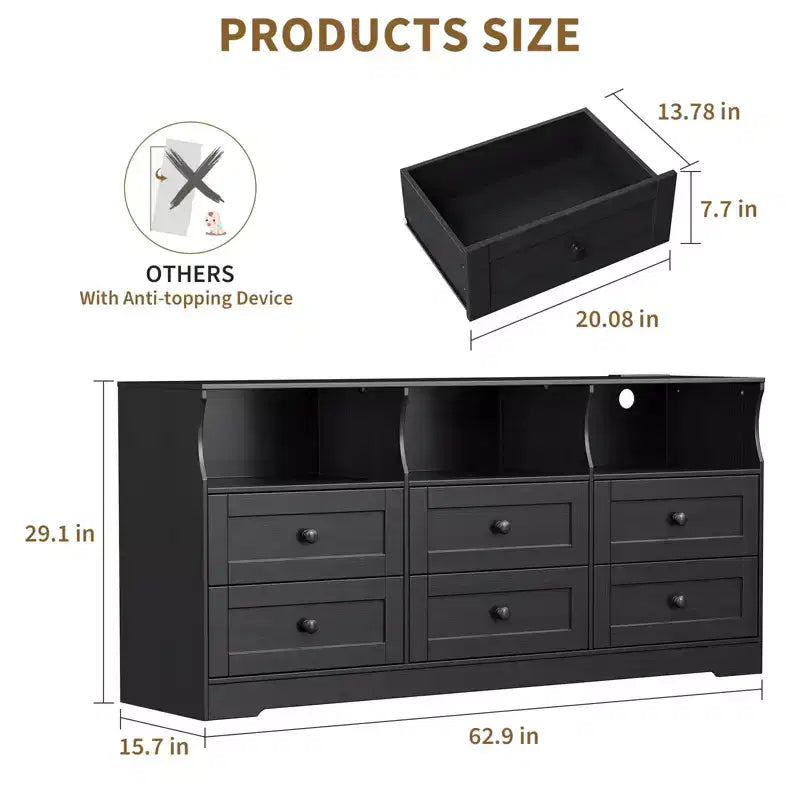 Commode à 6 tiroirs avec lumières, commode en bois de 160 cm avec étagères ouvertes, meuble de rangement TV pour salon, chambre, entrée