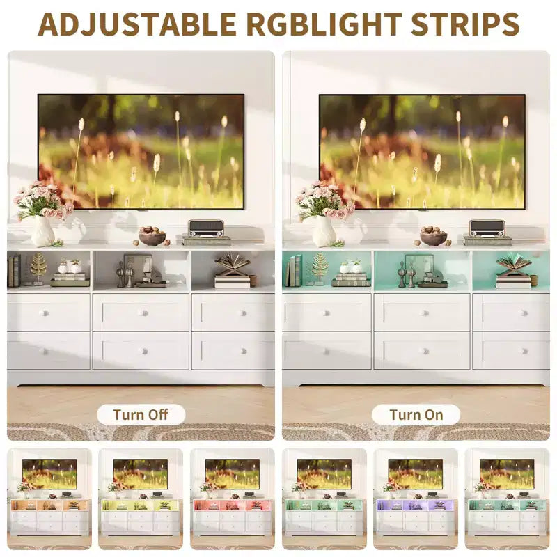 Commode à 6 tiroirs avec lumières, commode en bois de 160 cm avec étagères ouvertes, meuble de rangement TV pour salon, chambre, entrée