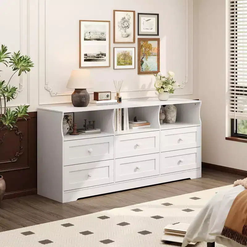 Commode à 6 tiroirs avec lumières, commode en bois de 160 cm avec étagères ouvertes, meuble de rangement TV pour salon, chambre, entrée