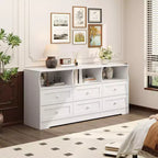 Commode à 6 tiroirs avec lumières, commode en bois de 160 cm avec étagères ouvertes, meuble de rangement TV pour salon, chambre, entrée