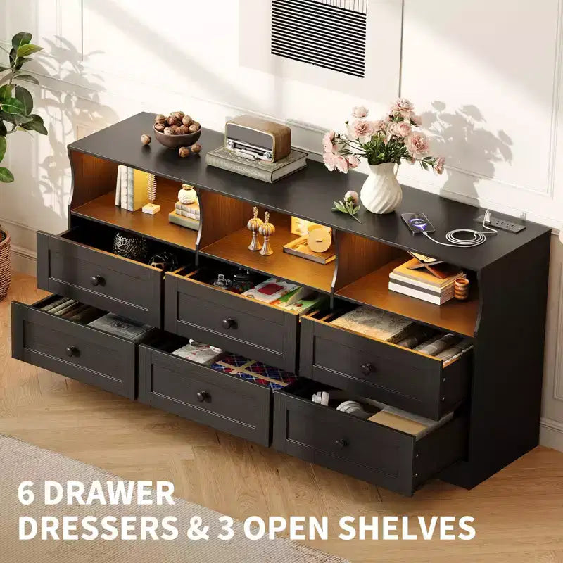 Commode à 6 tiroirs avec lumières, commode en bois de 160 cm avec étagères ouvertes, meuble de rangement TV pour salon, chambre, entrée