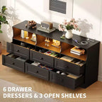 Commode à 6 tiroirs avec lumières, commode en bois de 160 cm avec étagères ouvertes, meuble de rangement TV pour salon, chambre, entrée