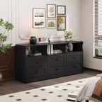 Commode à 6 tiroirs avec lumières, commode en bois de 160 cm avec étagères ouvertes, meuble de rangement TV pour salon, chambre, entrée