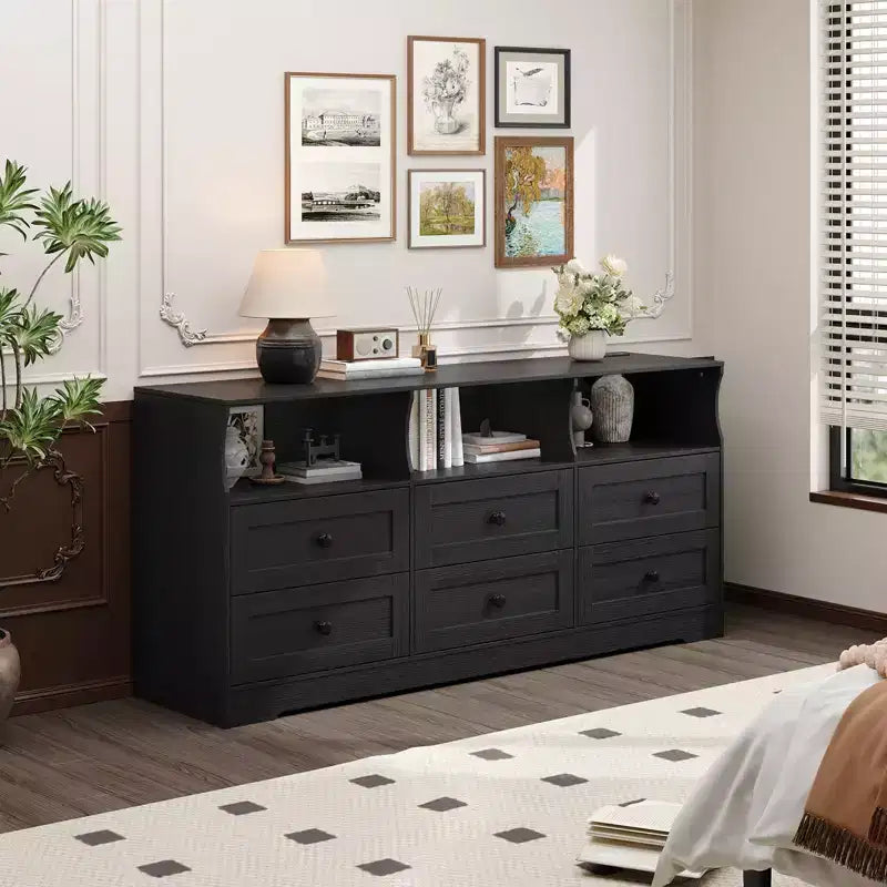 Commode à 6 tiroirs avec lumières, commode en bois de 160 cm avec étagères ouvertes, meuble de rangement TV pour salon, chambre, entrée