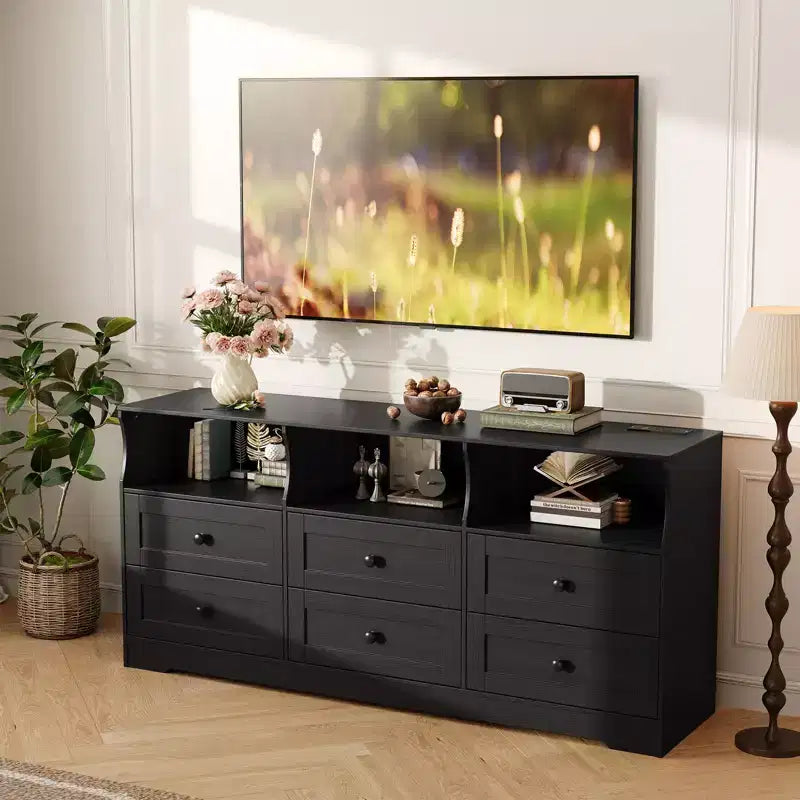 Commode à 6 tiroirs avec lumières, commode en bois de 160 cm avec étagères ouvertes, meuble de rangement TV pour salon, chambre, entrée