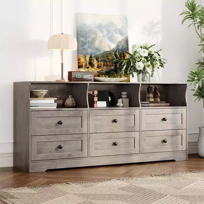 Commode à 6 tiroirs avec lumières, commode en bois de 160 cm avec étagères ouvertes, meuble de rangement TV pour salon, chambre, entrée