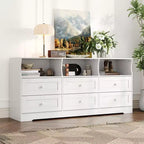 Commode à 6 tiroirs avec lumières, commode en bois de 160 cm avec étagères ouvertes, meuble de rangement TV pour salon, chambre, entrée