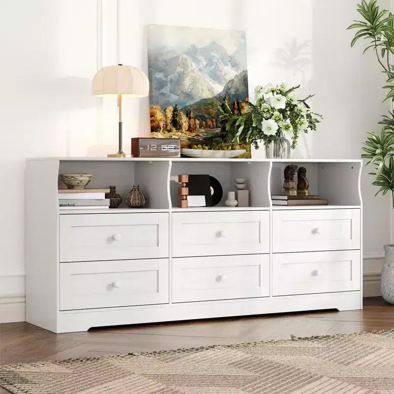 Commode à 6 tiroirs avec lumières, commode en bois de 160 cm avec étagères ouvertes, meuble de rangement TV pour salon, chambre, entrée
