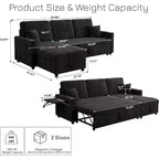 Canapé-lit convertible MooxvMoo 83 avec rangement et port USB, canapé en L 4 en 1 avec lit escamotable, table d'appoint, porte-gobelet, noir