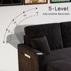 Canapé-lit convertible MooxvMoo 83 avec rangement et port USB, canapé en L 4 en 1 avec lit escamotable, table d'appoint, porte-gobelet, noir