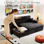 Canapé-lit convertible MooxvMoo 83 avec rangement et port USB, canapé en L 4 en 1 avec lit escamotable, table d'appoint, porte-gobelet, noir