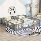 Lit double superposé avec barrière de sécurité, lit plateforme en bois avec clôture pour 2 enfants