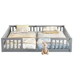 Lit double superposé avec barrière de sécurité, lit plateforme en bois avec clôture pour 2 enfants