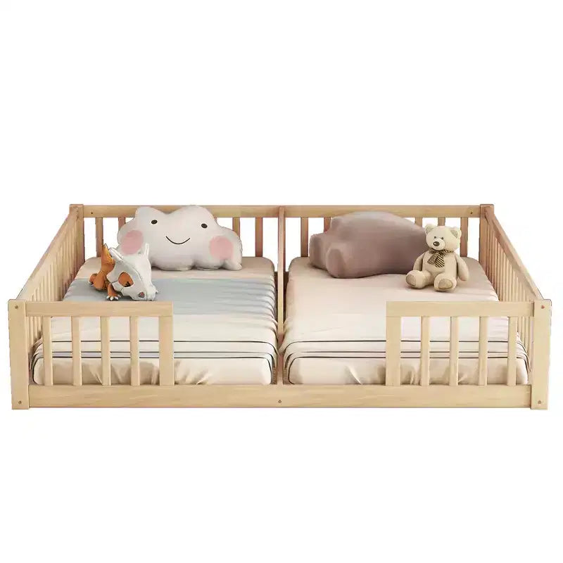 Lit double superposé avec barrière de sécurité, lit plateforme en bois avec clôture pour 2 enfants