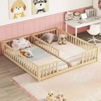 Double Twin Floor Bed with Guardrail, Wood Platform Bed with Fence for 2 Kids