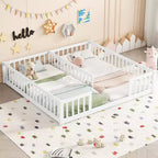 Lit double superposé avec barrière de sécurité, lit plateforme en bois avec clôture pour 2 enfants