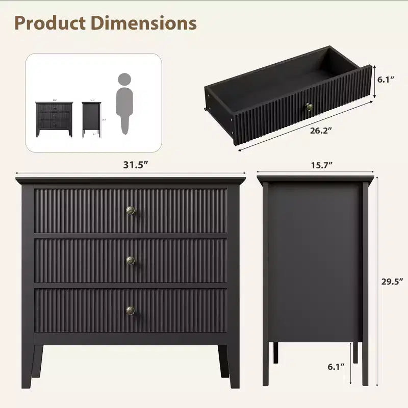 Commode à 3 tiroirs cannelés, commode en bois texturée verticalement pour chambre à coucher, salon, entrée, table de chevet avec tiroirs de rangement