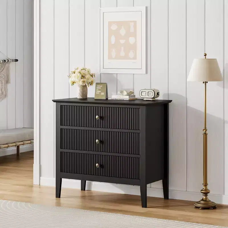 Commode à 3 tiroirs cannelés, commode en bois texturée verticalement pour chambre à coucher, salon, entrée, table de chevet avec tiroirs de rangement