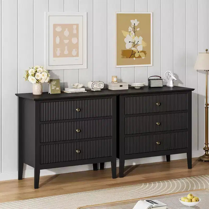 Commode à 3 tiroirs cannelés, commode en bois texturée verticalement pour chambre à coucher, salon, entrée, table de chevet avec tiroirs de rangement