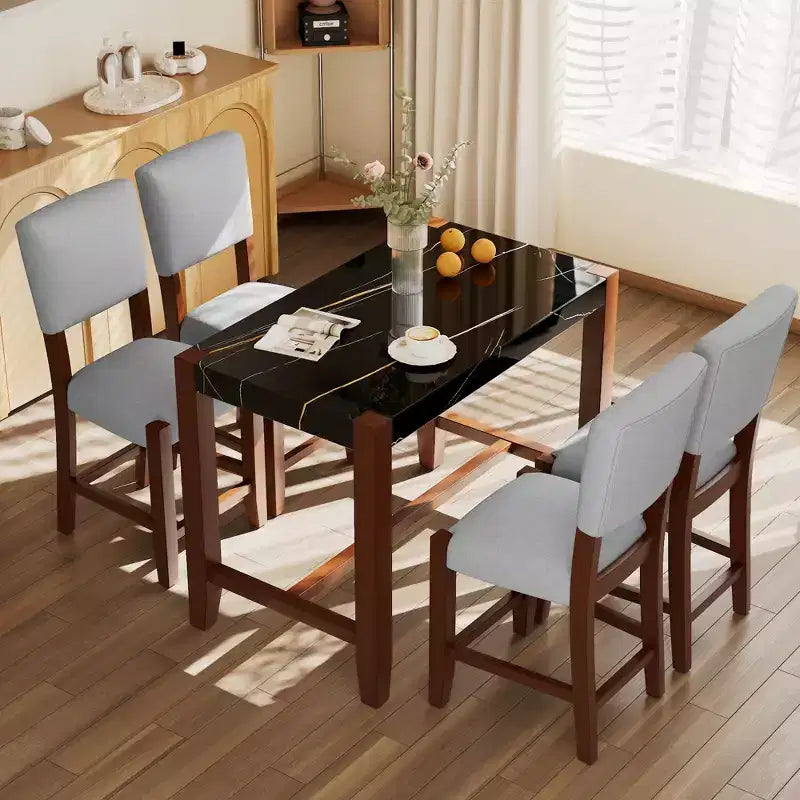 Ensemble de table à manger en marbre hauteur comptoir pour 4 personnes, ensemble de table de bar 5 pièces avec 4 chaises rembourrées pour salle à manger, pub, cuisine, petit espace