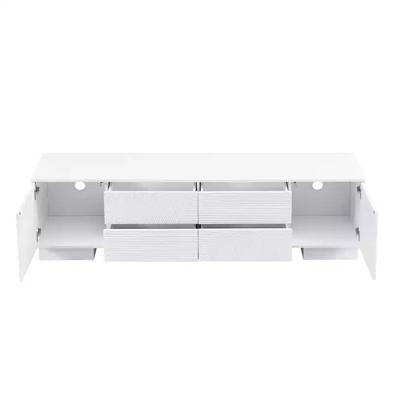 Meuble TV moderne JVNOXK de 180 cm, convient aux téléviseurs de 75 pouces et moins, avec armoire de rangement à 4 tiroirs et pied central en métal, blanc