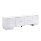 Meuble TV moderne JVNOXK de 180 cm, convient aux téléviseurs de 75 pouces et moins, avec armoire de rangement à 4 tiroirs et pied central en métal, blanc