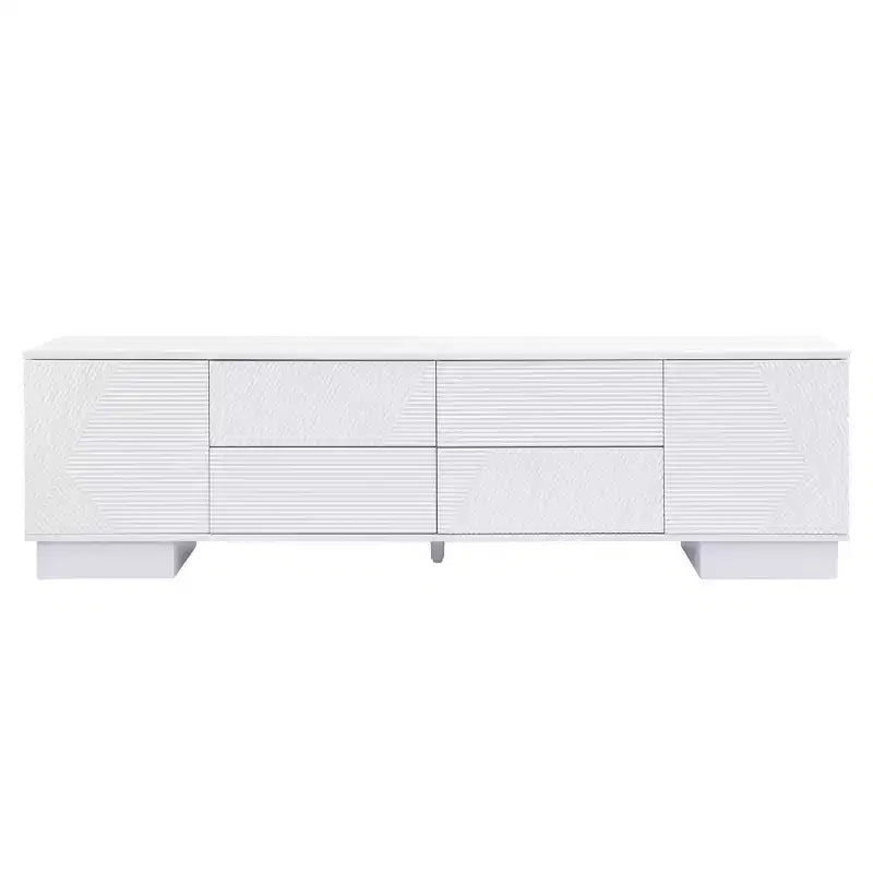 Meuble TV moderne JVNOXK de 180 cm, convient aux téléviseurs de 75 pouces et moins, avec armoire de rangement à 4 tiroirs et pied central en métal, blanc