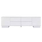 Meuble TV moderne JVNOXK de 180 cm, convient aux téléviseurs de 75 pouces et moins, avec armoire de rangement à 4 tiroirs et pied central en métal, blanc